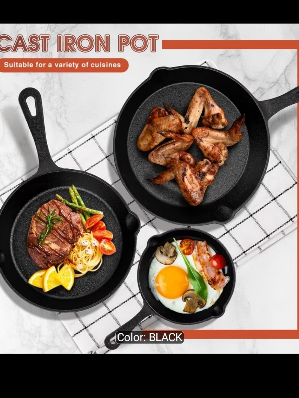Black Cast Iron Skillet Pan - Heavy-Duty Cookware